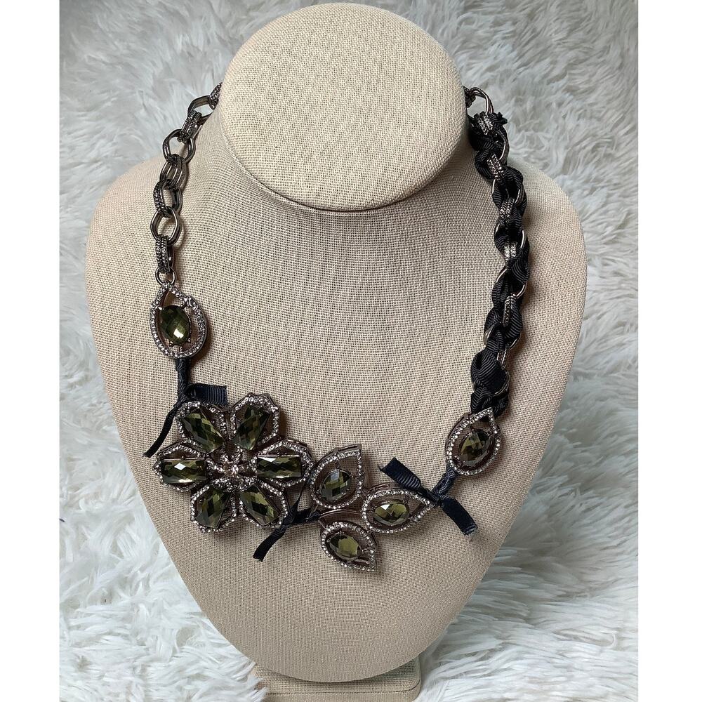 LOFT Gunmetal Rhinestone Floral Green Crystal Statement Bib Necklace F11-40